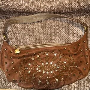Kathy Van Zeeland Brown Studded Shoulder Bag